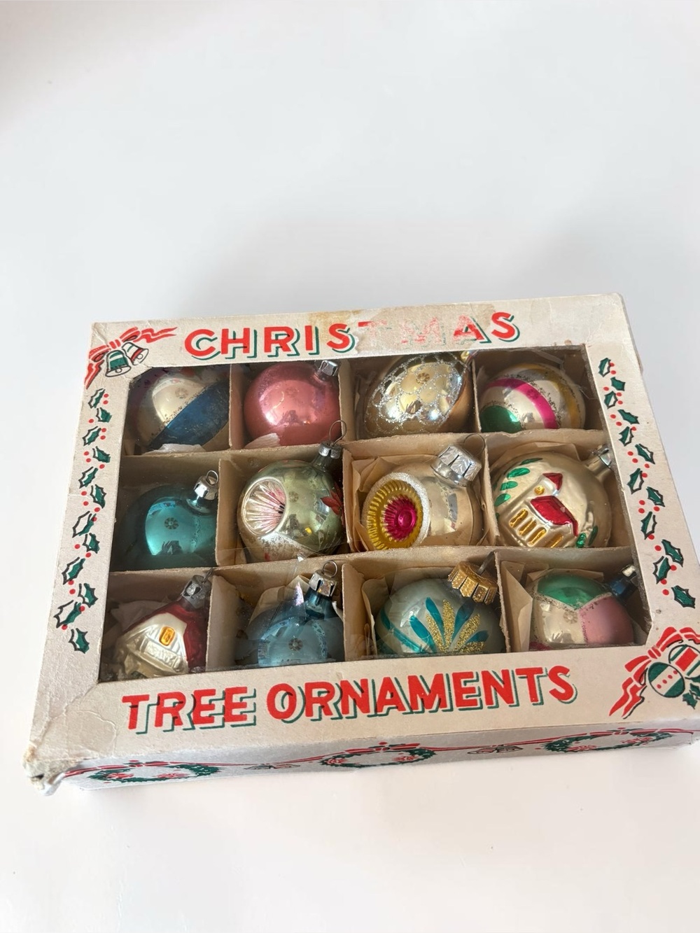 Vintage Glass Christmas Ornaments 12 Reflector Indent Figural MCM Boxed Set